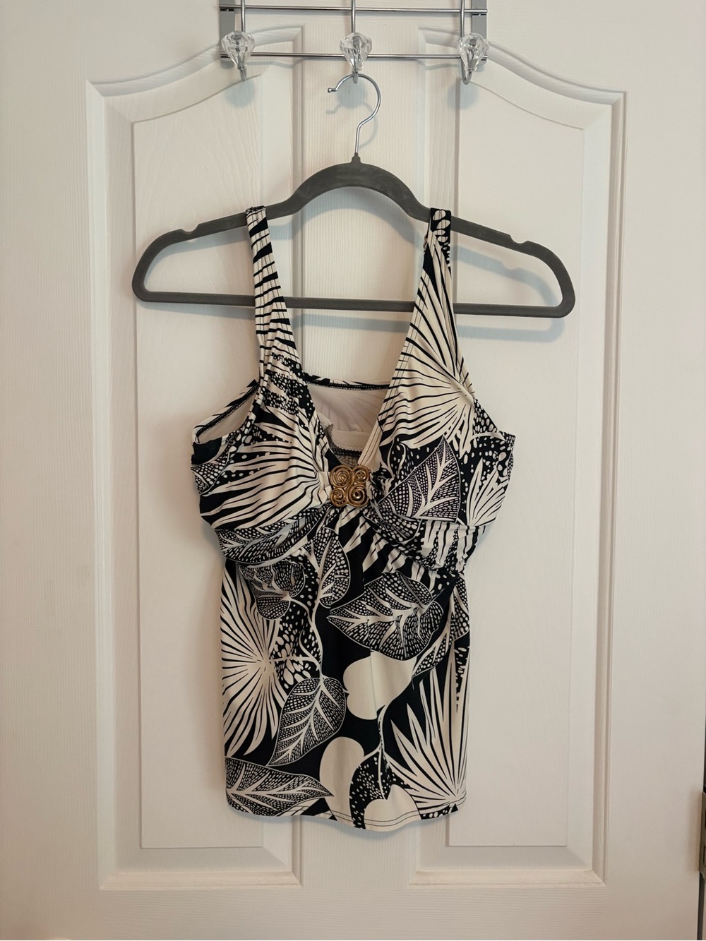 Black & White Floral Tank Top with Decorative Accent built in bra